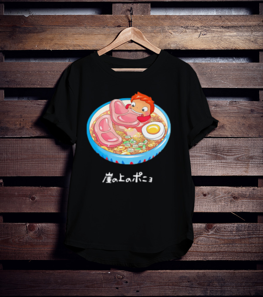 Ponyo Swims In Ramen Bowl With Egg And Noodles Japanese Text T-Shirt