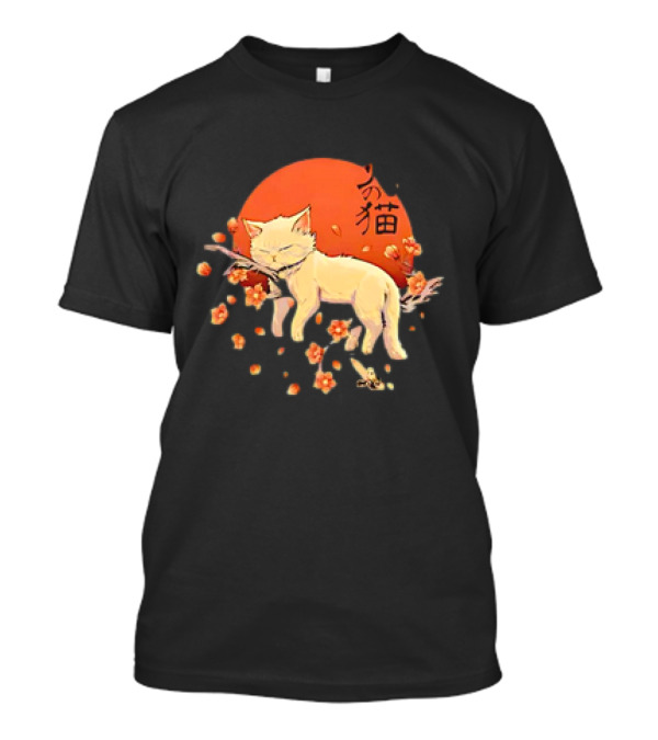 Sleeping Cat With Blossoms Under Red Sun T-Shirt