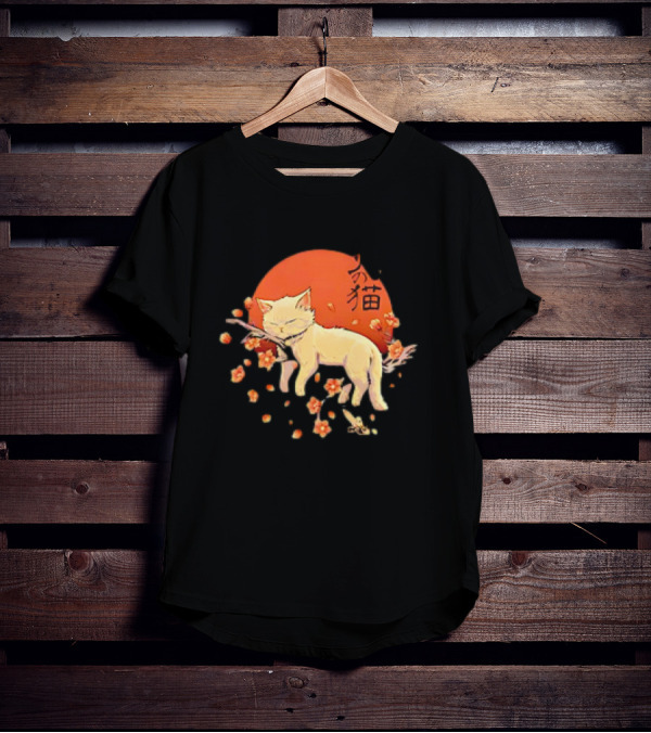 Sleeping Cat With Blossoms Under Red Sun T-Shirt