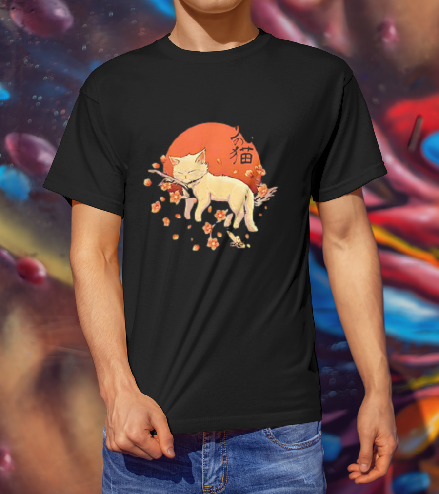 Sleeping Cat With Blossoms Under Red Sun T-Shirt