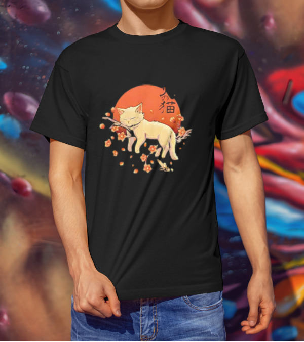 Sleeping Cat With Blossoms Under Red Sun T-Shirt