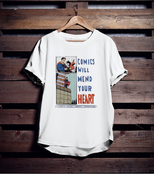 Comics Will Mend Your Heart Comic Book Couples Counseling Iconic Characters Embrace T-Shirt