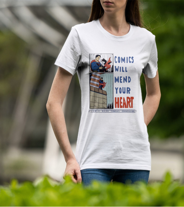 Comics Will Mend Your Heart Comic Book Couples Counseling Iconic Characters Embrace T-Shirt