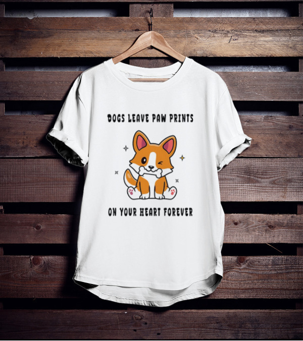 Dogs Leave Paw Prints On Your Heart Forever Shiba Inu Illustration With Bone And Stars T-Shirt