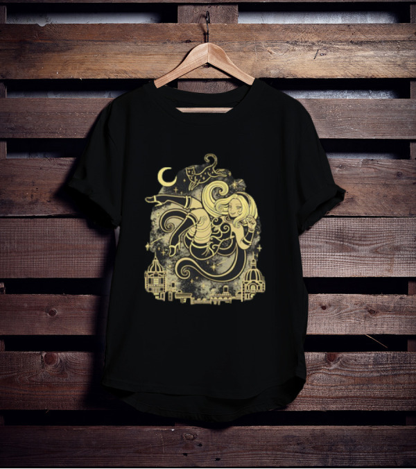 Gravity Rush Floating Cat And Girl In The Sky With Crescent Moon Cityscape T-Shirt