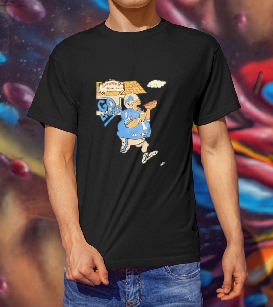 Lipuma’s Coney Island Go Lions All Grit Detroit Lions Football Player Eating Hot Dog T-Shirt