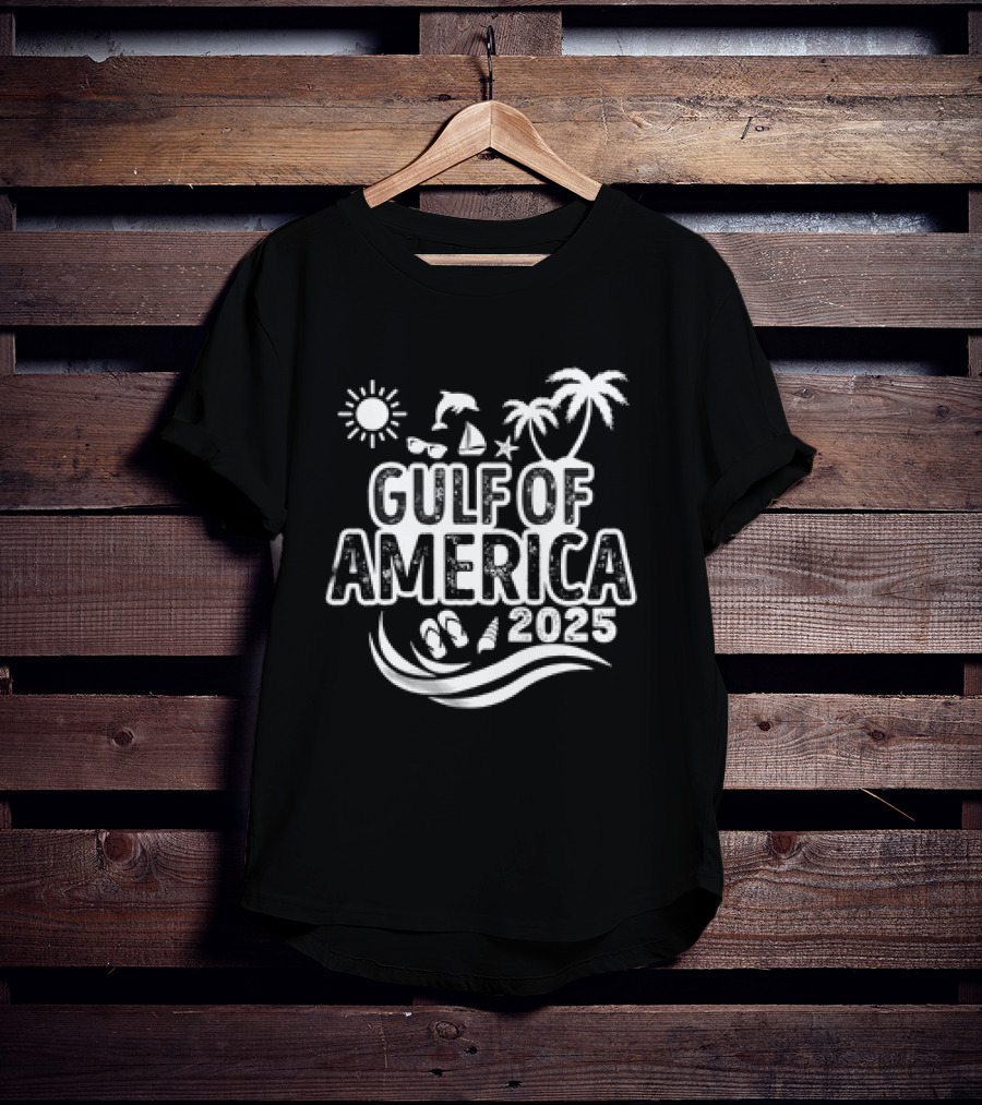 Gulf Of America 2025 Sun Palm Trees Dolphin Sailboat Sandals Waves T-Shirt