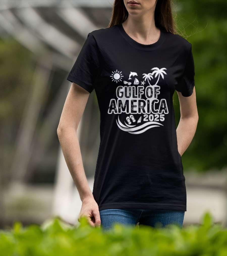 Gulf Of America 2025 Sun Palm Trees Dolphin Sailboat Sandals Waves T-Shirt