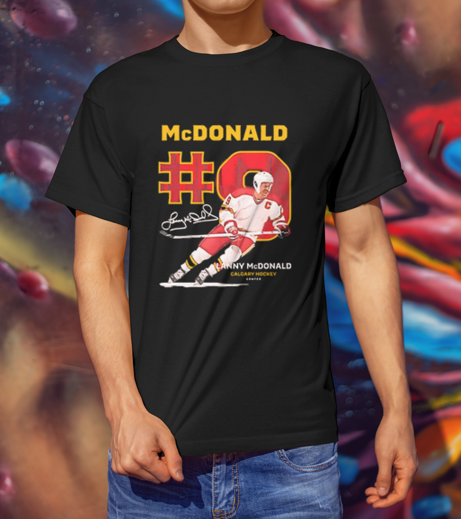 Lanny McDonald #9 Calgary Flames NHL Hockey Throwback Vintage Signature T-Shirt