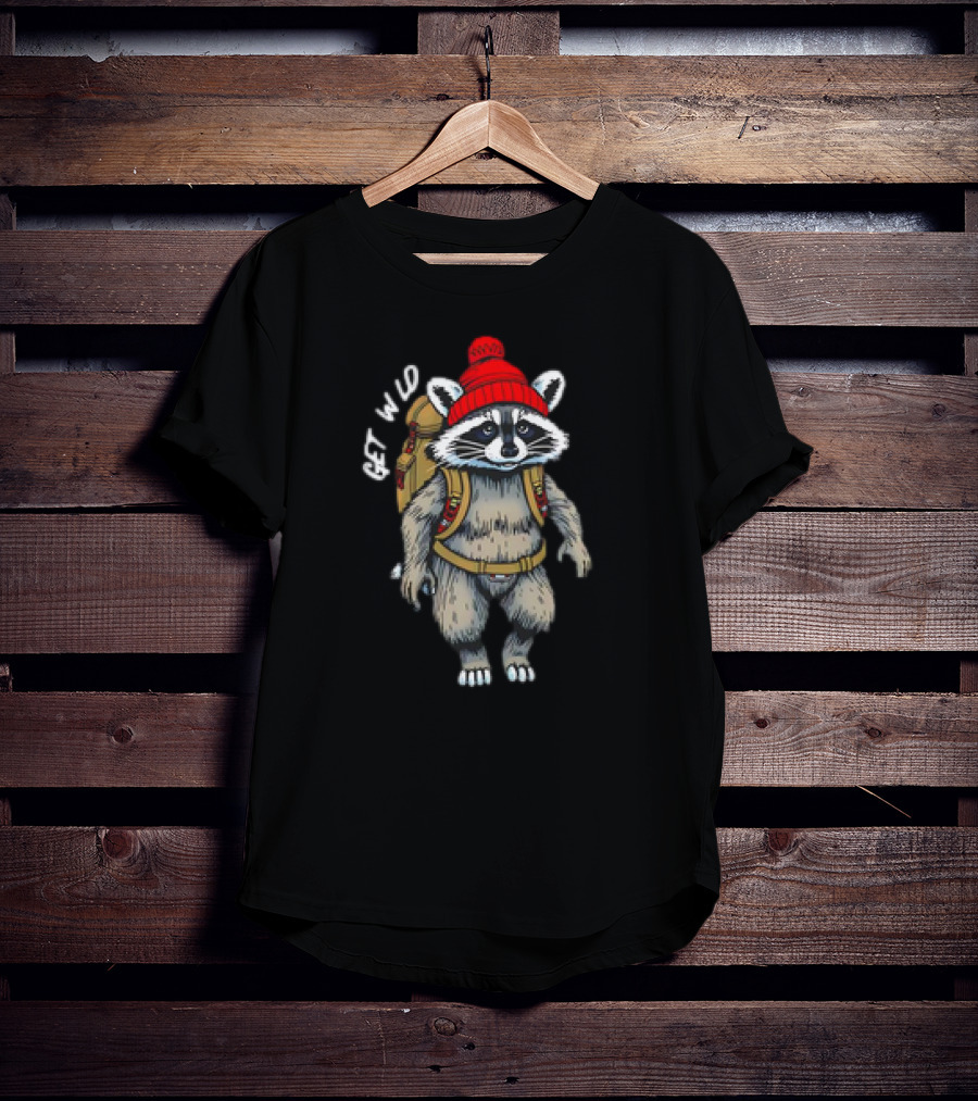 Get Wld Raccoon With Backpack And Red Beanie T-Shirt