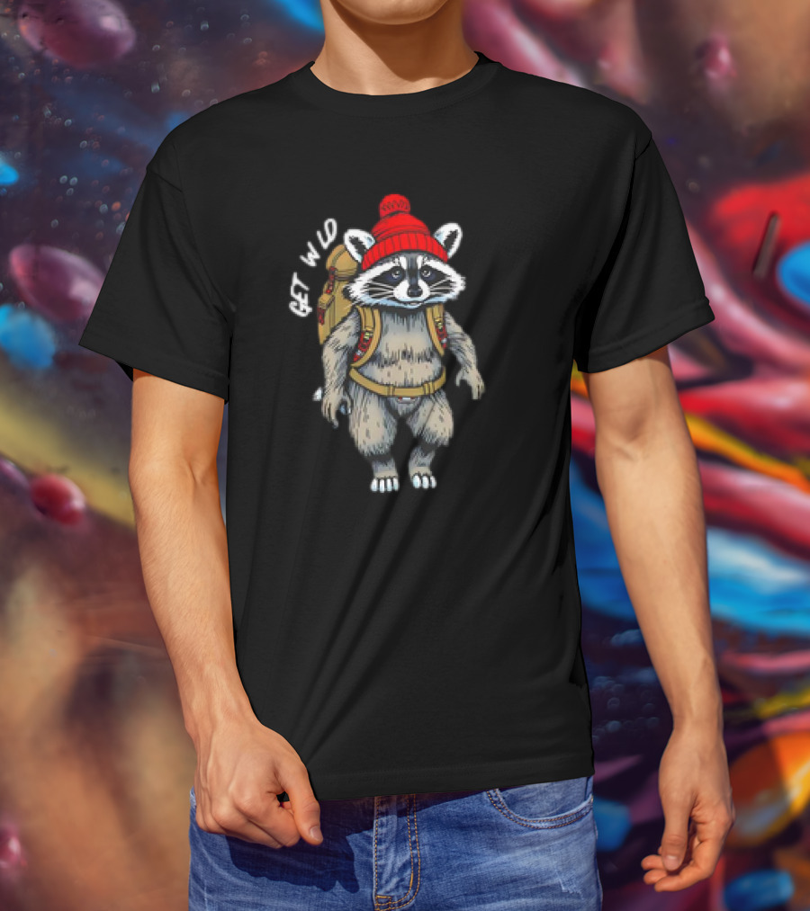 Get Wld Raccoon With Backpack And Red Beanie T-Shirt