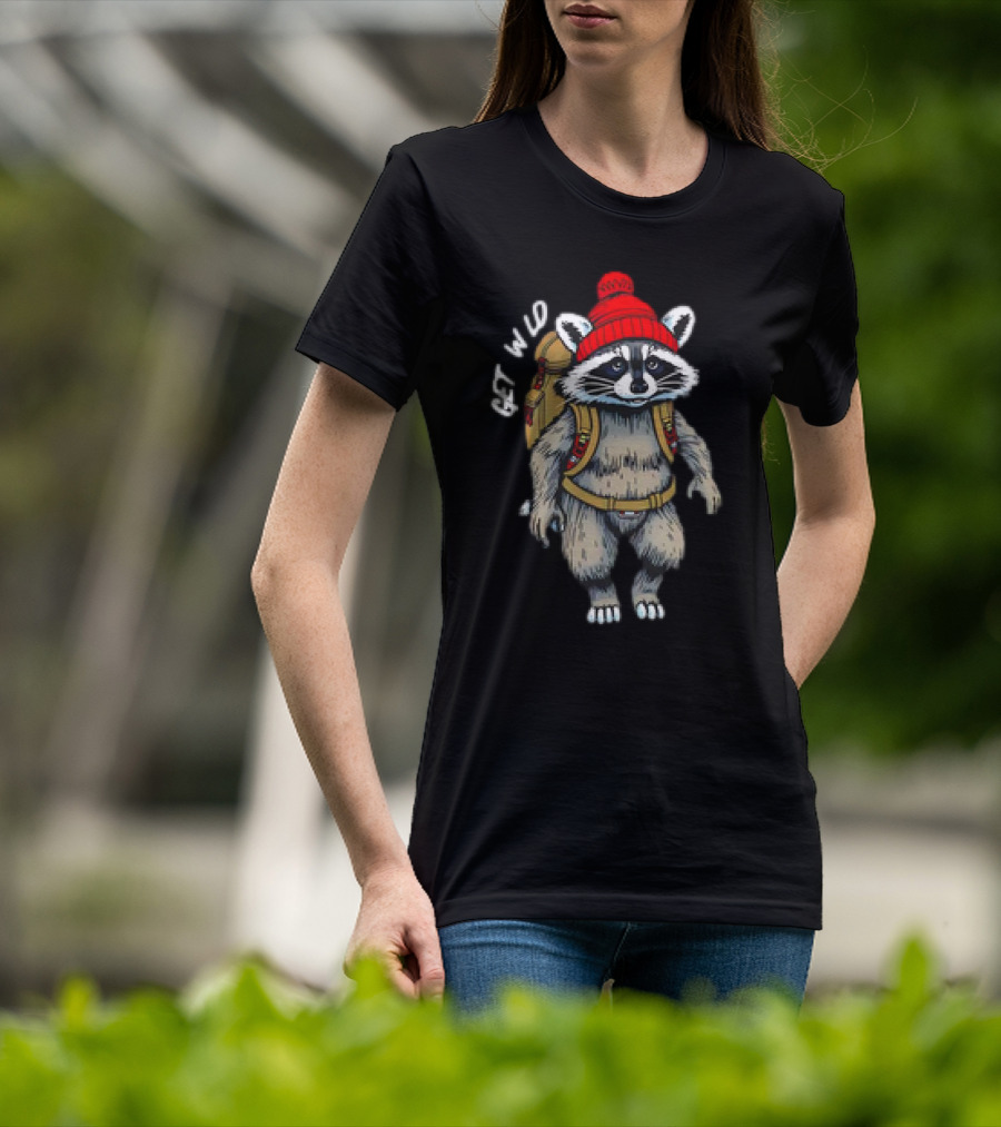 Get Wld Raccoon With Backpack And Red Beanie T-Shirt