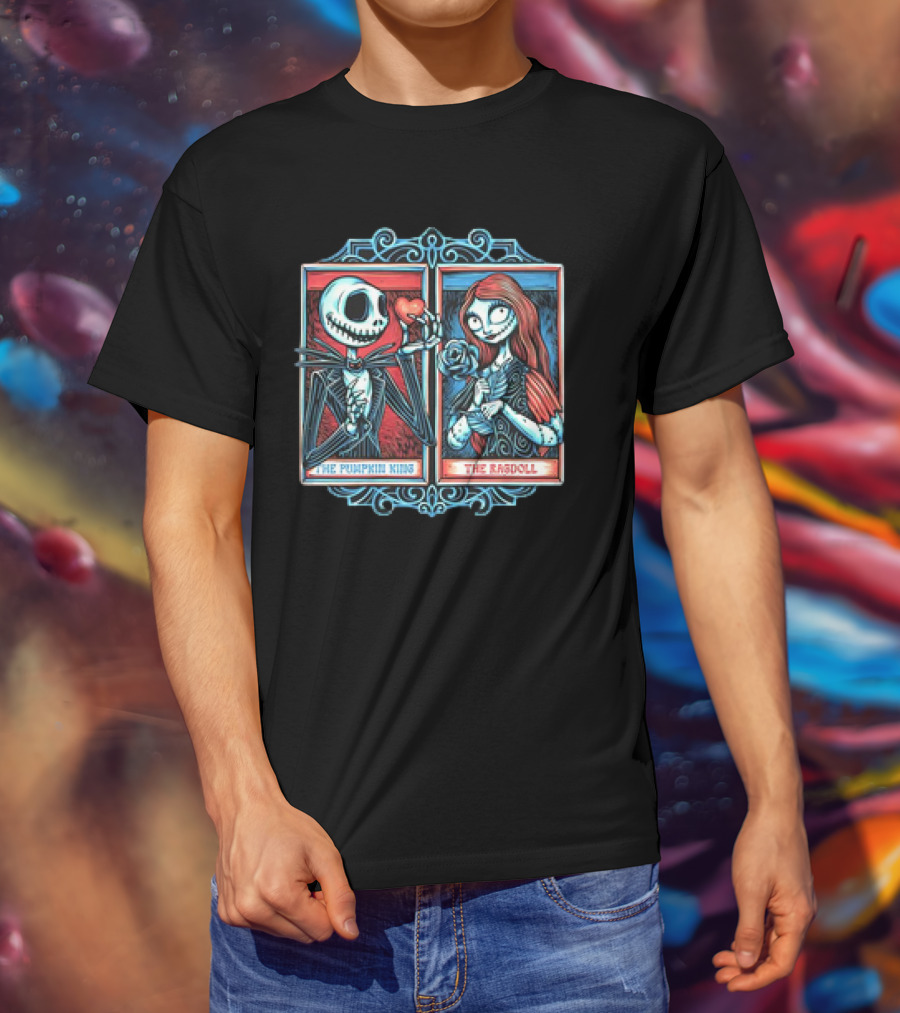 Skeleton Romance Jack Skellington The Pumpkin King And Sally The Ragdoll Heart And Rose T-Shirt