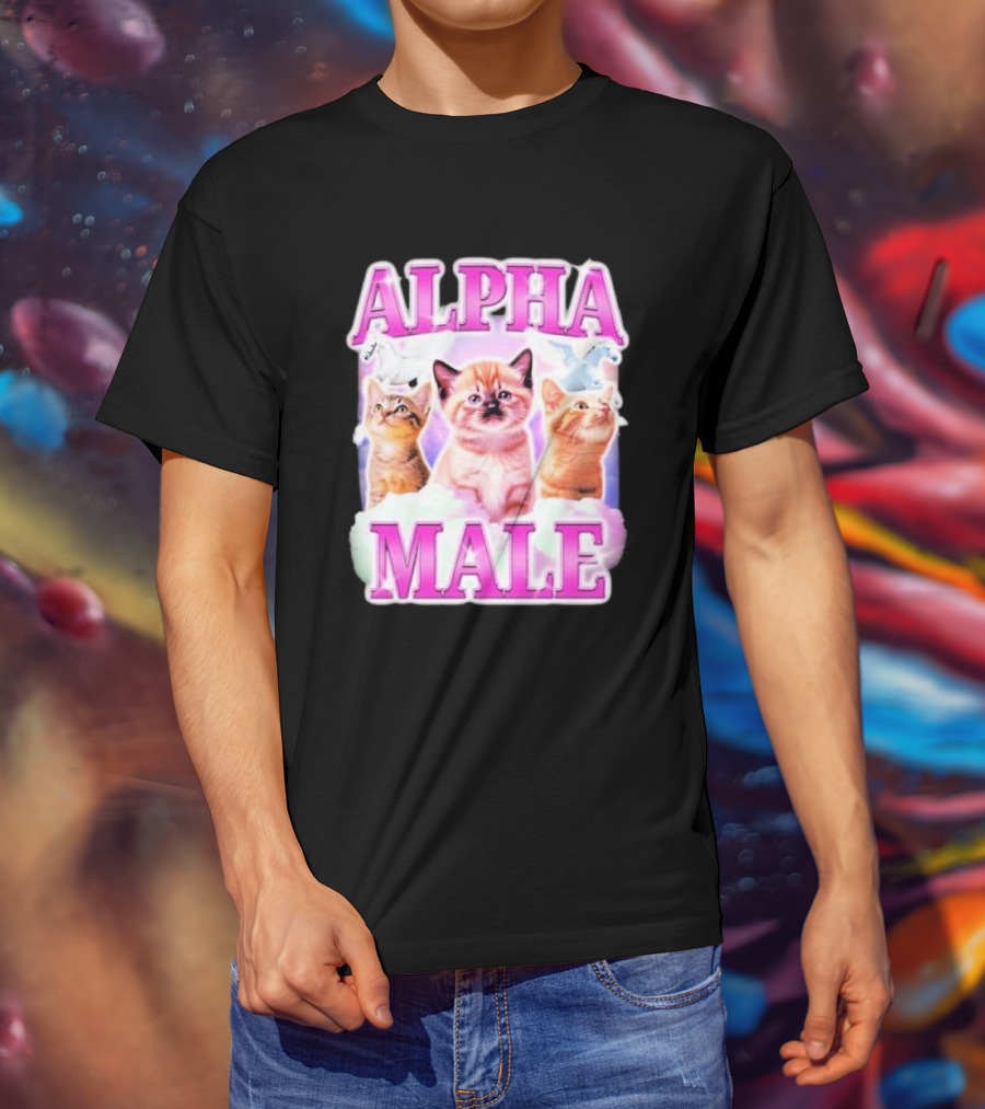Alpha Male Cat Trio With Rainbow Unicorns And Clouds T-Shirt