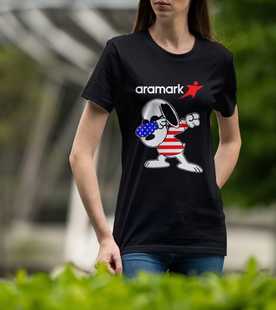 Aramark Snoopy Dabbing American Flag Red White Blue Character T-Shirt