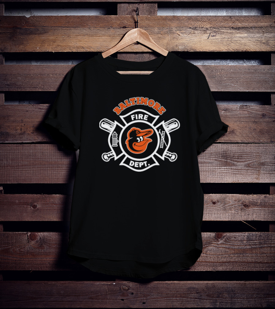 Baltimore Orioles Fire Dept Firefighters Badge Logo With Team Mascot T-Shirt