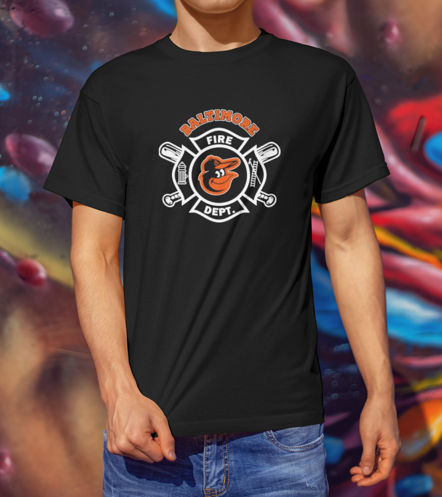 Baltimore Orioles Fire Dept Firefighters Badge Logo With Team Mascot T-Shirt