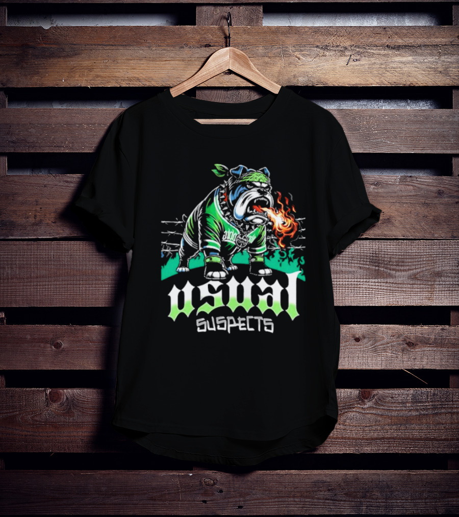 Usual Suspects Bulldog With Fiery Breath And Green Bandana T-Shirt