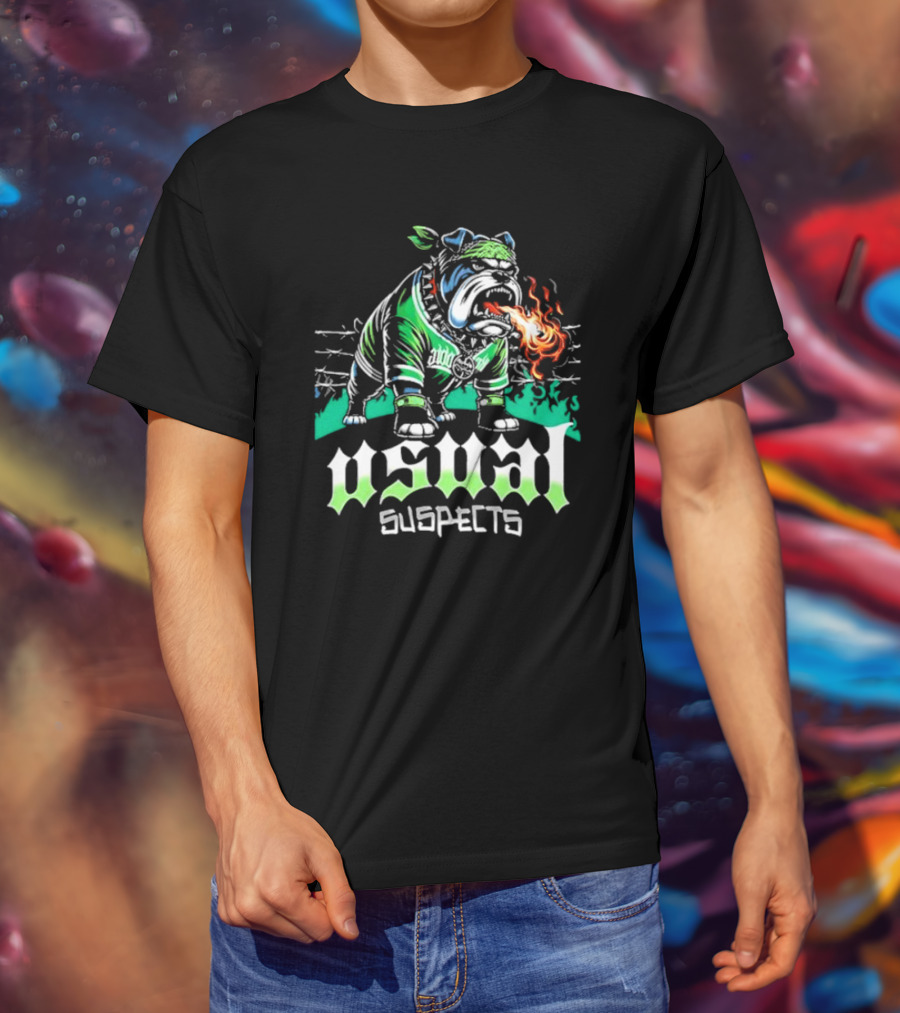 Usual Suspects Bulldog With Fiery Breath And Green Bandana T-Shirt