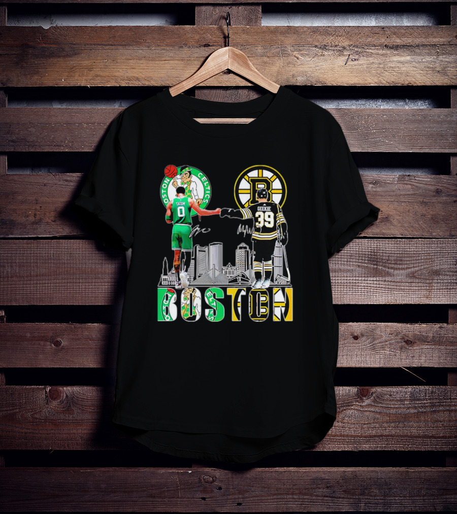Boston Celtics Jayson Tatum Boston Bruins Morgan Geekie Signatures Skyline T-Shirt