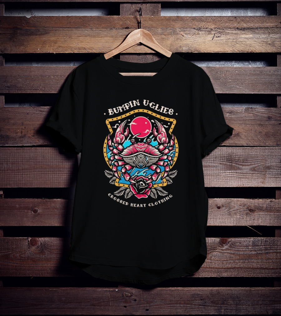 Bumpin Uglies Crossed Heart Clothing Shellraiser Crab Ocean Sun Roses T-Shirt