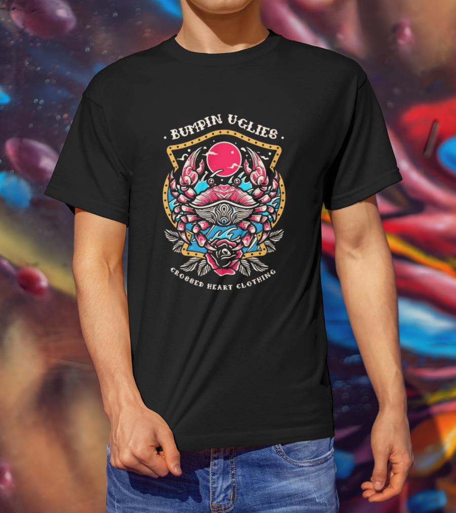 Bumpin Uglies Crossed Heart Clothing Shellraiser Crab Ocean Sun Roses T-Shirt