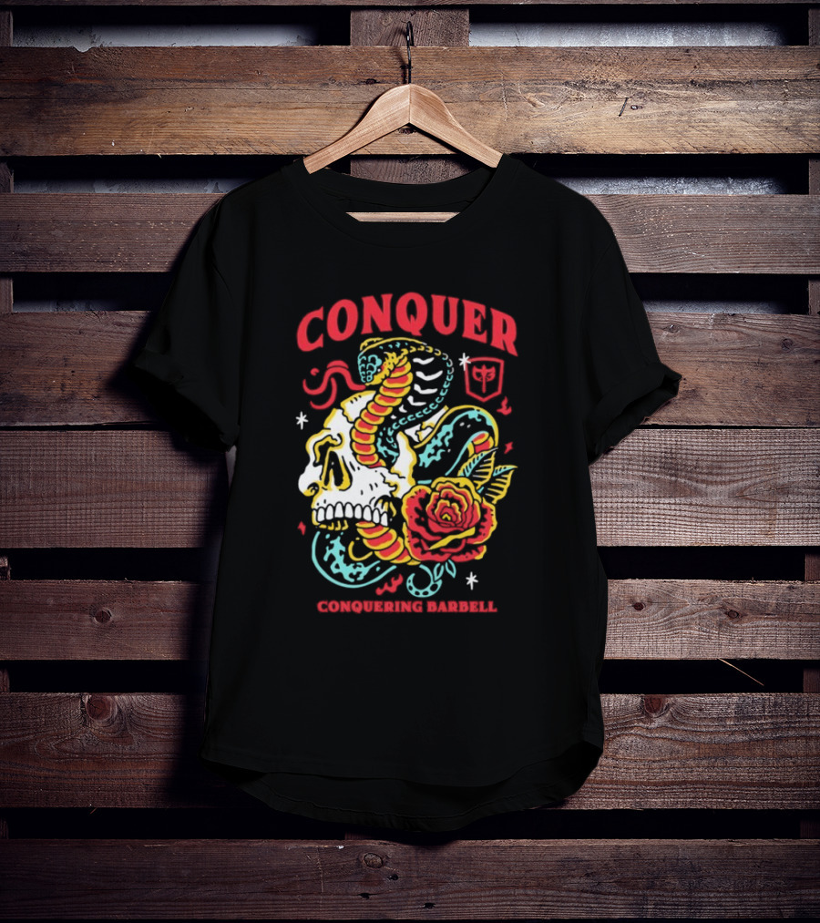 Conquer Skull Snake Rose Conquering Barbell T-Shirt