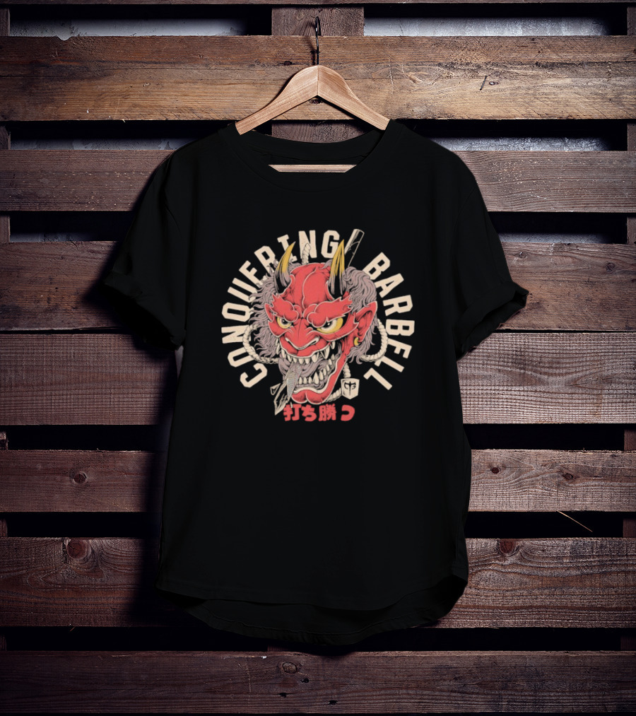 Conquering Barbell Oni Mask Japanese Text T-Shirt