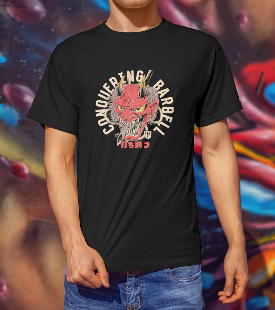 Conquering Barbell Oni Mask Japanese Text T-Shirt
