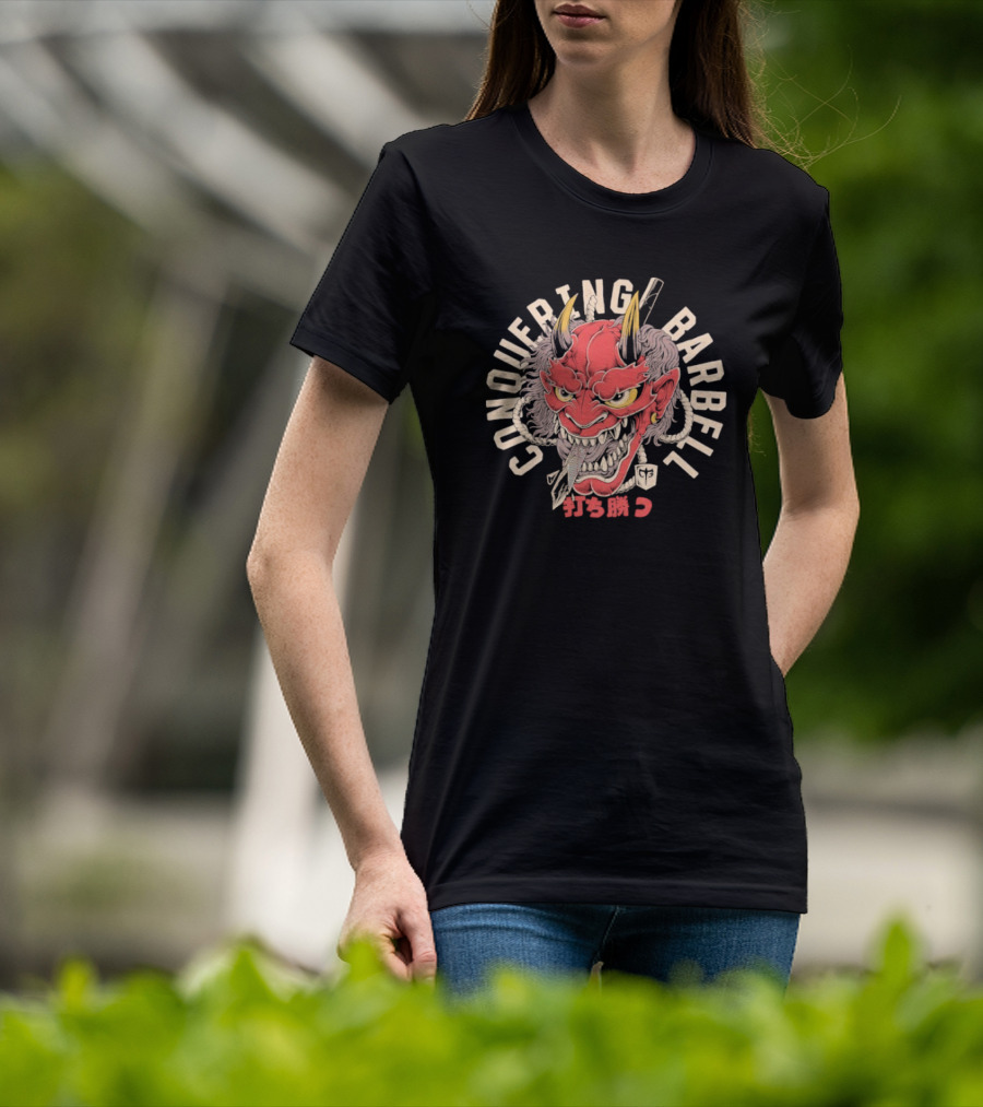 Conquering Barbell Oni Mask Japanese Text T-Shirt