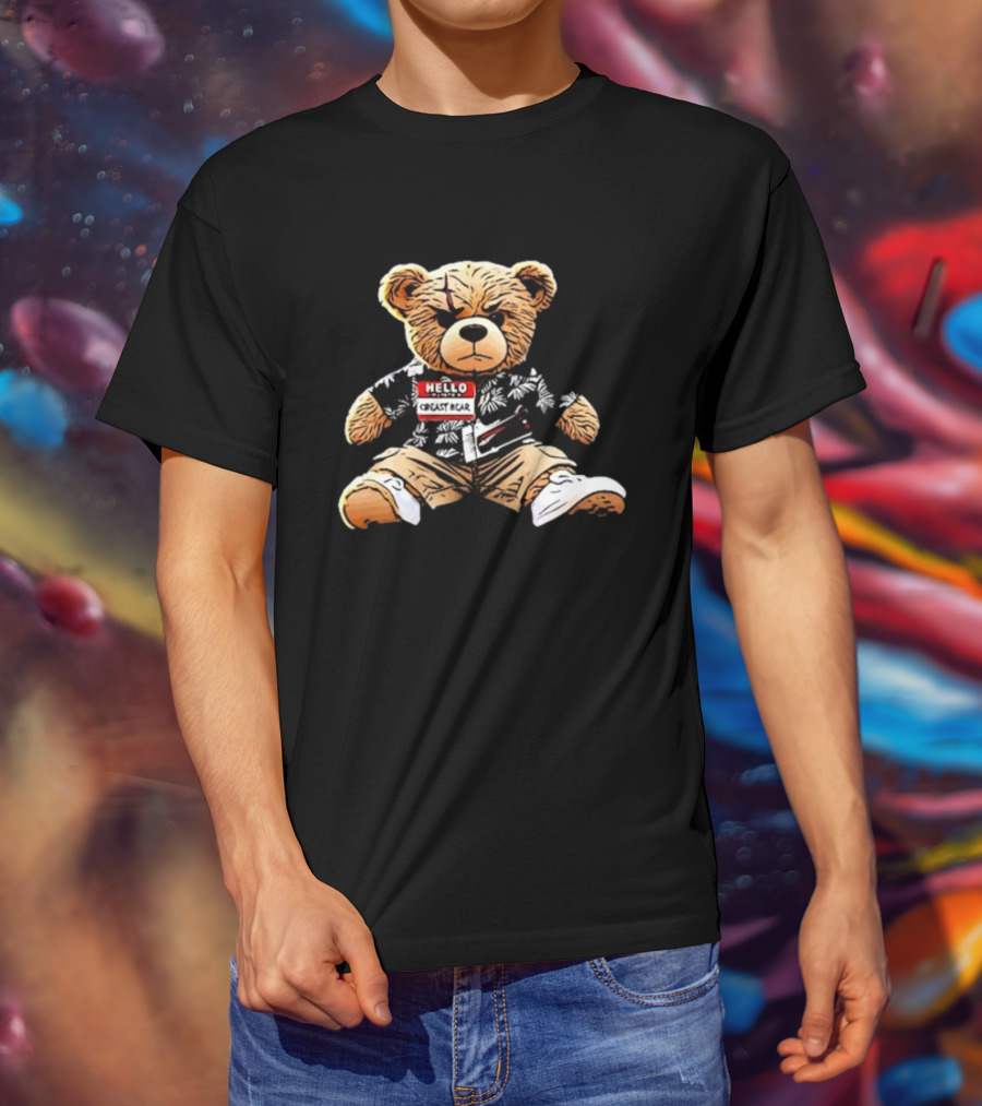 Hello Creasy Bear Fundraiser Hawaiian Theme With Name Tag T-Shirt