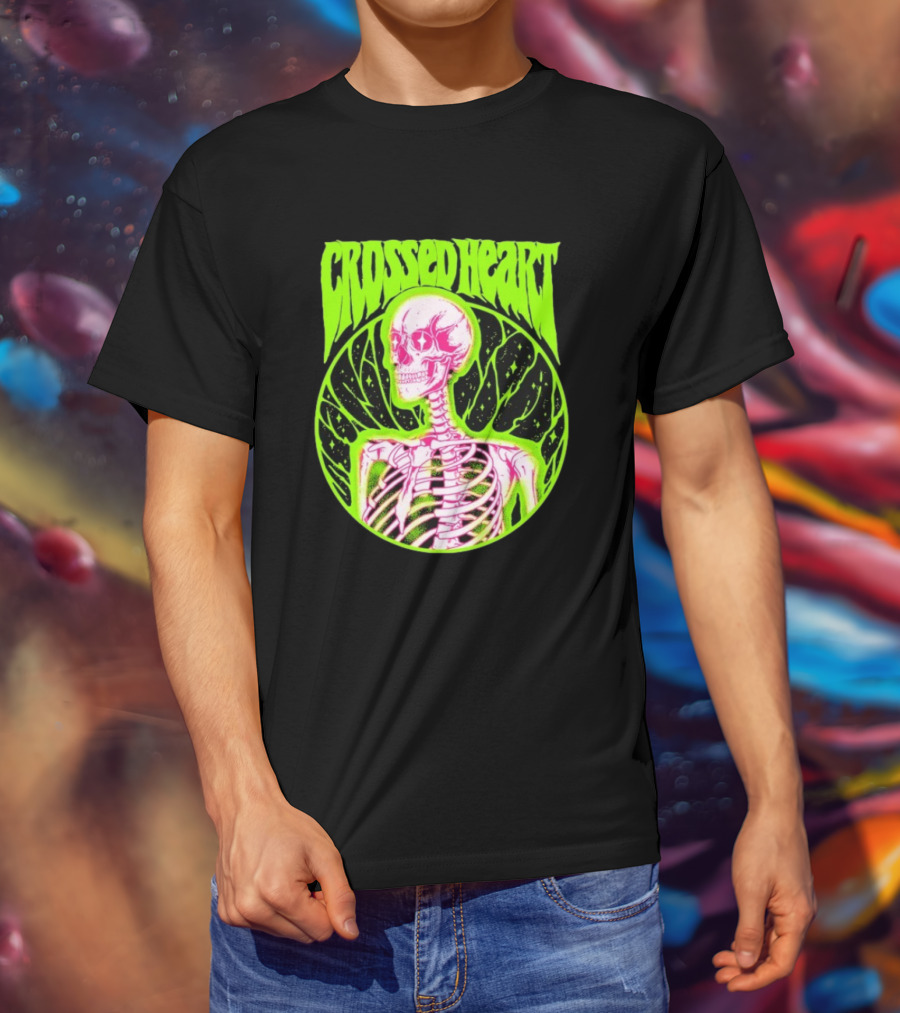 Crossed Heart Skeleton Neon Illustration T-Shirt