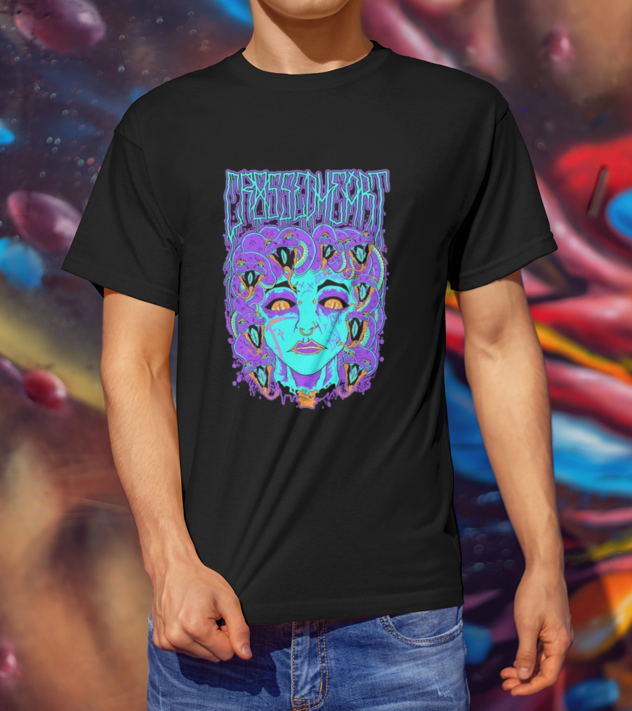 Crossed Heart Neon Medusa Snakes T-Shirt