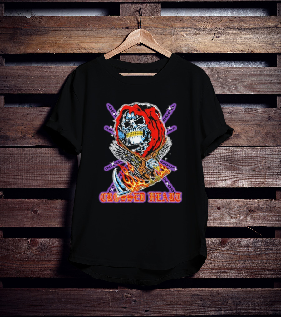 Crossed Heart No Mercy Skull Eagle Flames Chains T-Shirt