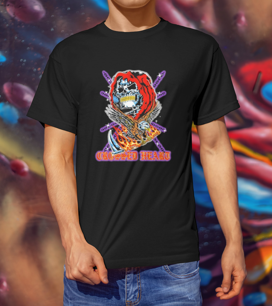 Crossed Heart No Mercy Skull Eagle Flames Chains T-Shirt