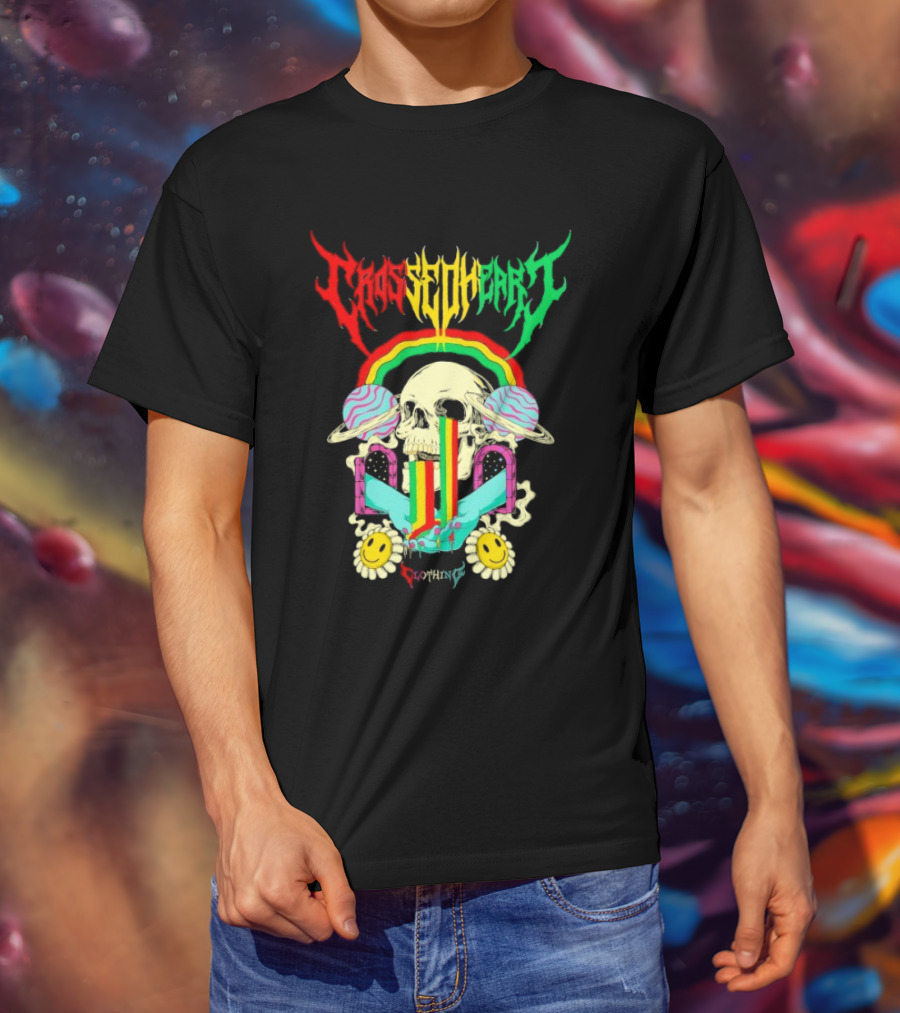 Crossed Heart Skull With Rainbow And Smiley Faces T-Shirt