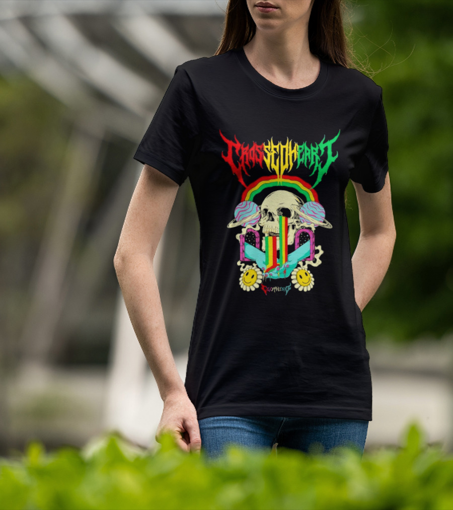Crossed Heart Skull With Rainbow And Smiley Faces T-Shirt