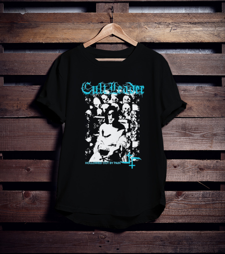 Cult Leader Hollowed Out By Pain Distorted Portrait With Inverted Cross Symbol T-Shirt