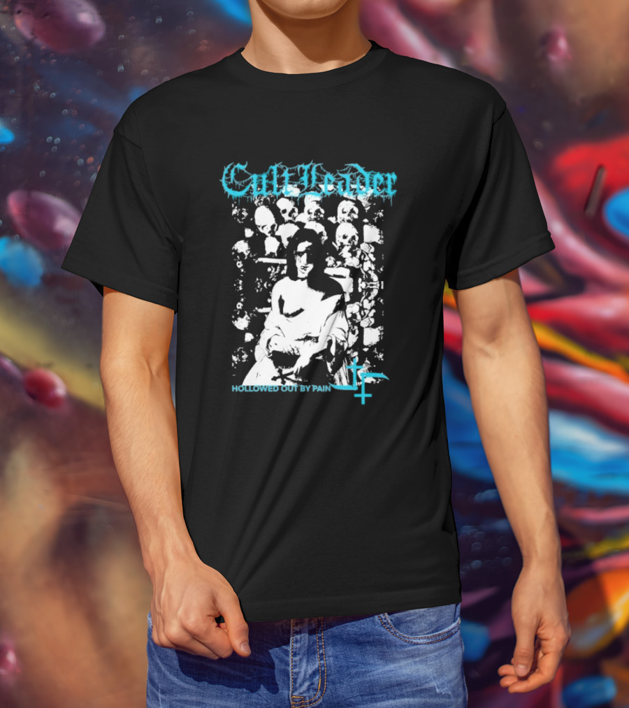 Cult Leader Hollowed Out By Pain Distorted Portrait With Inverted Cross Symbol T-Shirt