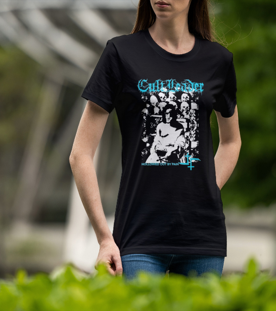 Cult Leader Hollowed Out By Pain Distorted Portrait With Inverted Cross Symbol T-Shirt