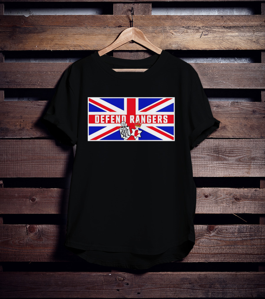 Defend Rangers Union Flag With FCRF Crest And Red Hand Of Ulster T-Shirt