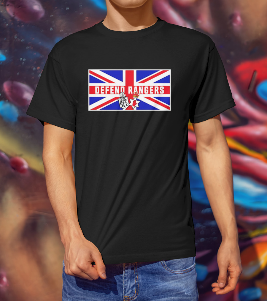 Defend Rangers Union Flag With FCRF Crest And Red Hand Of Ulster T-Shirt