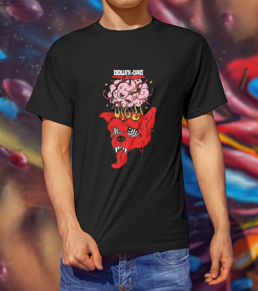 Download Festival Brain Explosion Red Dog Flames Quirky Cartoon Style T-Shirt