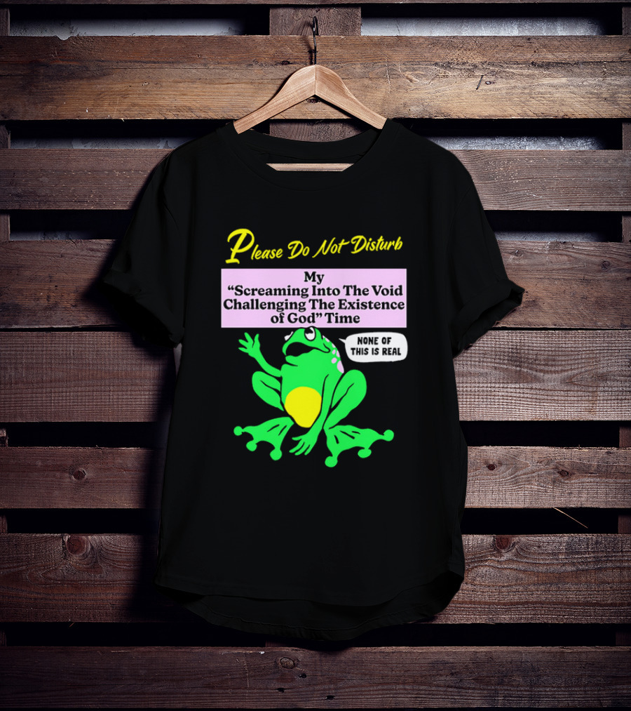 Please Do Not Disturb My Screaming Into The Void Challenging The Existence Of God Time None Of This Is Real Frog T-Shirt