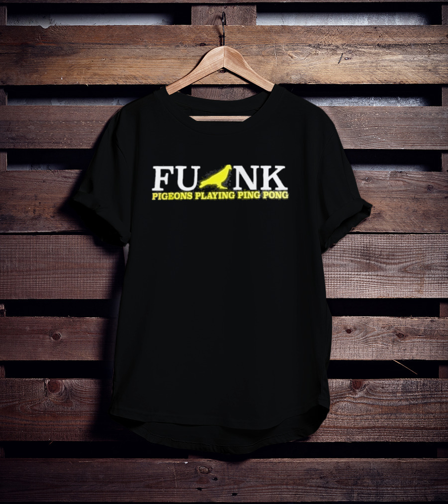 Funk Pigeons Playing Ping Pong Banana Yellow On Black T-Shirt