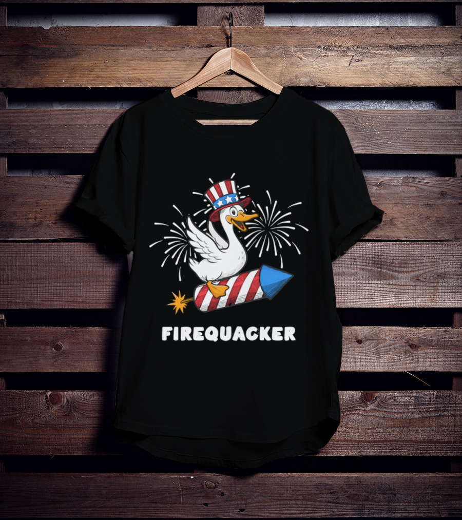Firequacker Patriotic Duck With Rocket And Fireworks T-Shirt