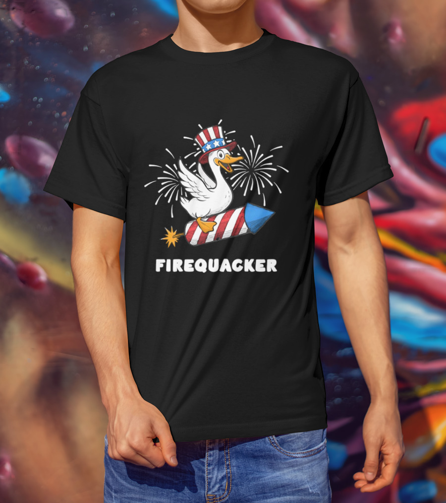 Firequacker Patriotic Duck With Rocket And Fireworks T-Shirt