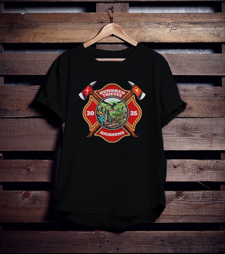 Hundred Thieves Higround 2025 Badge With Axes And Mountain Scene T-Shirt