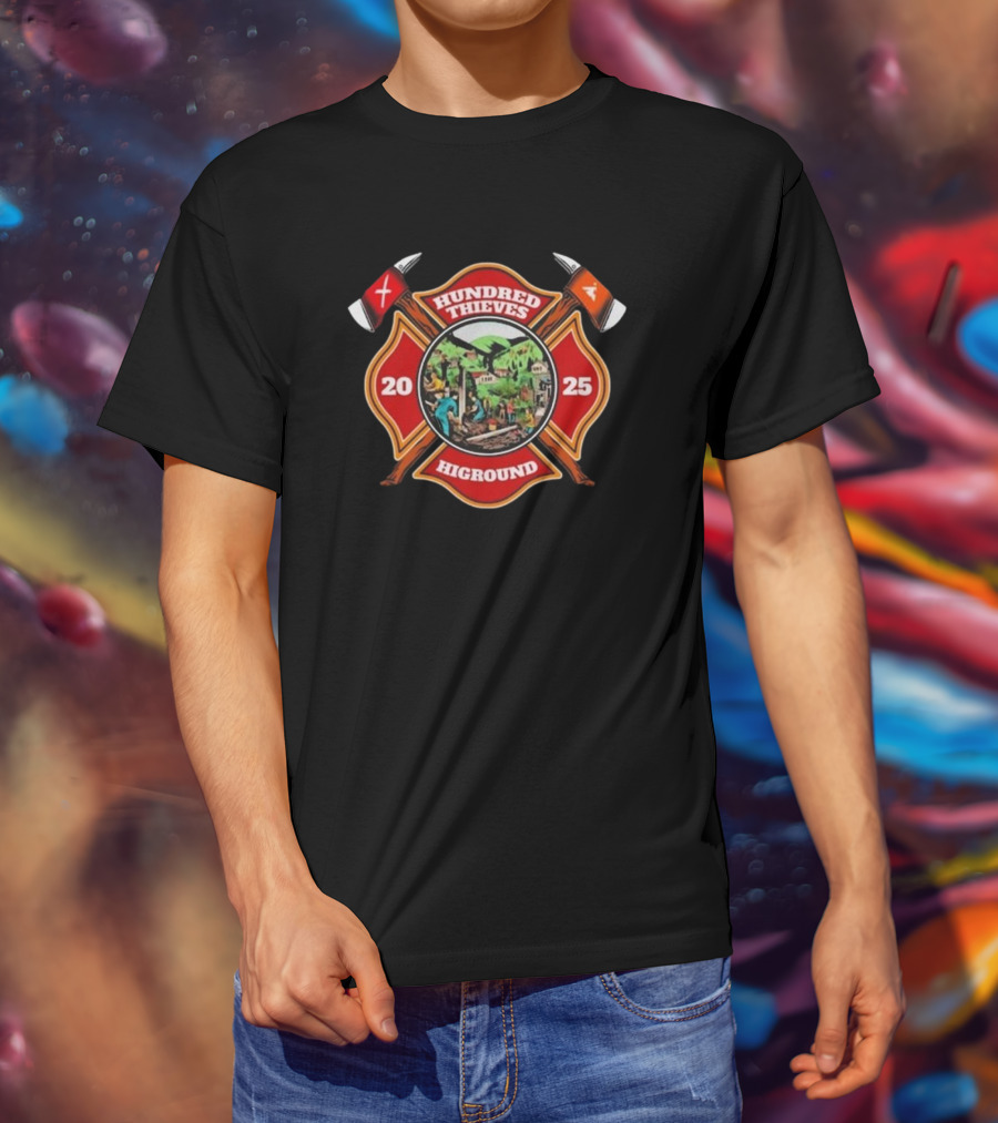 Hundred Thieves Higround 2025 Badge With Axes And Mountain Scene T-Shirt