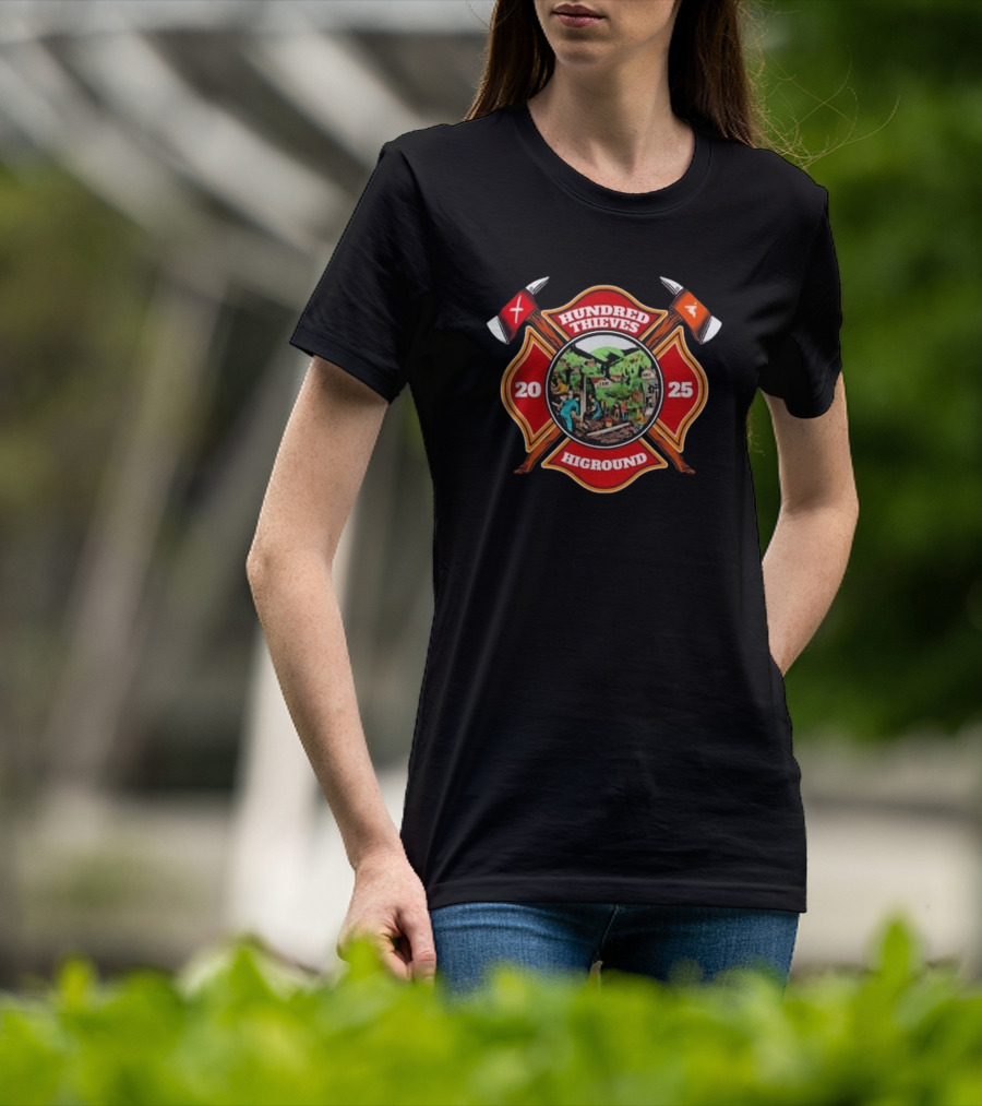 Hundred Thieves Higround 2025 Badge With Axes And Mountain Scene T-Shirt